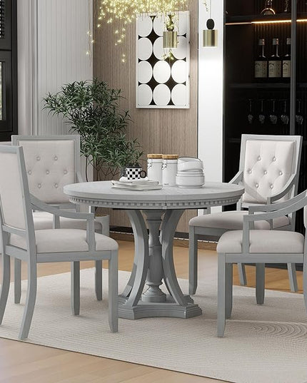 NicBex Small Dining Table Set for 4 Kitchen Table Set Retro 5-Piece Dining Set Extendable Round Table and 4 Chairs for Kitchen, Dining Room, Space-Saving, Antique Gray - LeafyLoom