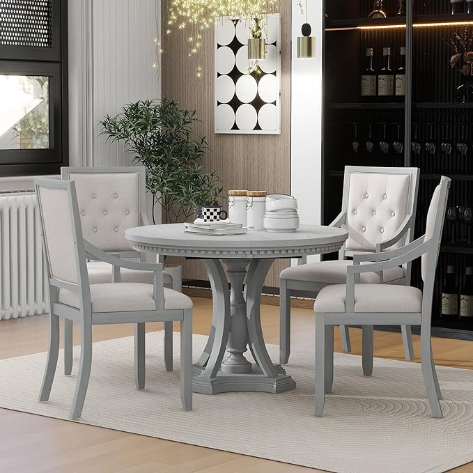 NicBex Small Dining Table Set for 4 Kitchen Table Set Retro 5-Piece Dining Set Extendable Round Table and 4 Chairs for Kitchen, Dining Room, Space-Saving, Antique Gray - LeafyLoom