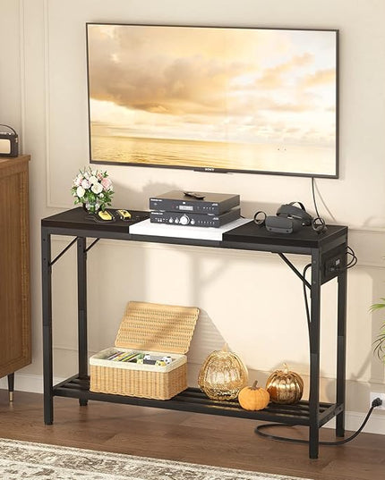 Narrow Console Table with Power Strips, Sofa Table with Storage Shelves for Living Room, 2-Tier Foyer Table for Entryway, Hallway, Behind Couch, Kitchen Counter, 39'', Black & White - LeafyLoom