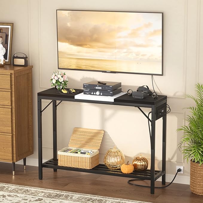 Narrow Console Table with Power Strips, Sofa Table with Storage Shelves for Living Room, 2-Tier Foyer Table for Entryway, Hallway, Behind Couch, Kitchen Counter, 39'', Black & White - LeafyLoom