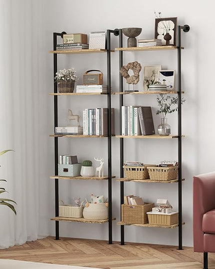5-Tier Bookshelf Solid Wood Ladder Shelf, Narrow Book shelf Display Shelf, Wooden Ladder Shelf Bookcase, Wall Mount Ladder Shelf, Storage Rack for Living Room, Bedroom, Industrial Style, Rustic Brown - LeafyLoom