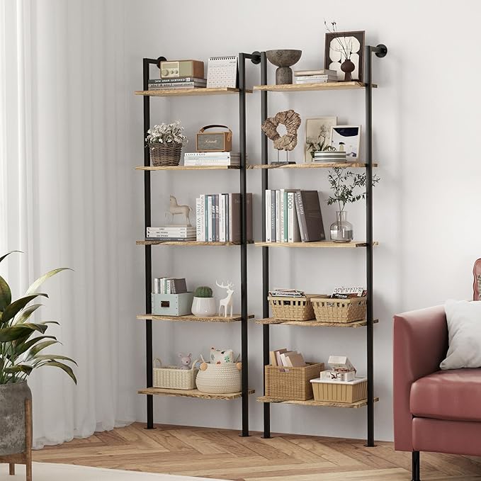 5-Tier Bookshelf Solid Wood Ladder Shelf, Narrow Book shelf Display Shelf, Wooden Ladder Shelf Bookcase, Wall Mount Ladder Shelf, Storage Rack for Living Room, Bedroom, Industrial Style, Rustic Brown - LeafyLoom