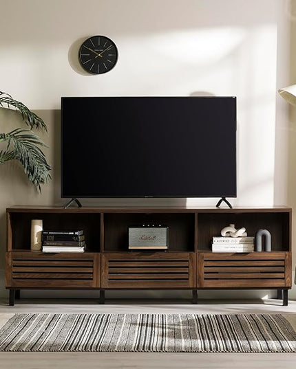 Walker Edison Modern Slatted Wood TV Stand for TV's up to 80" Universal TV Stand for Flat Screen Living Room Storage Cabinets and Shelves Entertainment Center, 70 Inch, Dark Walnut - LeafyLoom