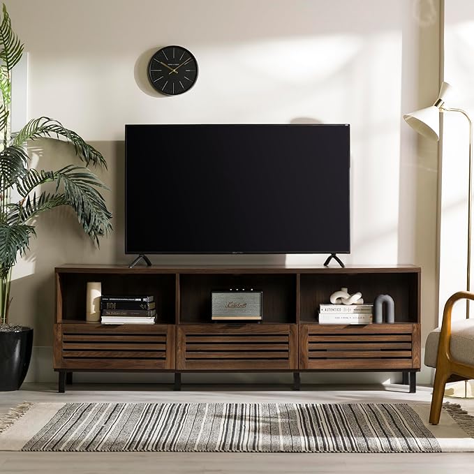 Walker Edison Modern Slatted Wood TV Stand for TV's up to 80" Universal TV Stand for Flat Screen Living Room Storage Cabinets and Shelves Entertainment Center, 70 Inch, Dark Walnut - LeafyLoom