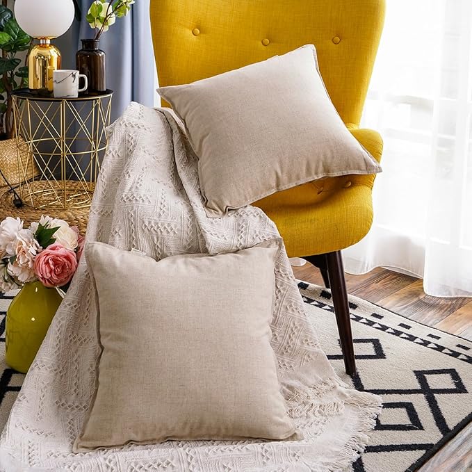 Jeanerlor Set of 2 Decorative Cotton Linen Couch 26"x26" Throw Pillow Case for Sofa Durable Classy, Comfortable Cushion Cover for Party/Wedding(65 x 65cm) Light Linen - LeafyLoom