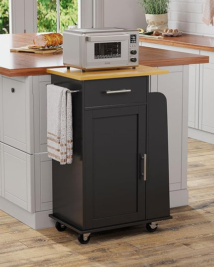 Shintenchi Small Kitchen Island on Wheels with 3-Tier Side Spice Rack and Rubber Wood Top, Trolley Cart with Storage Cabinet & Drawer and Handle/Towel Rack, Black - LeafyLoom