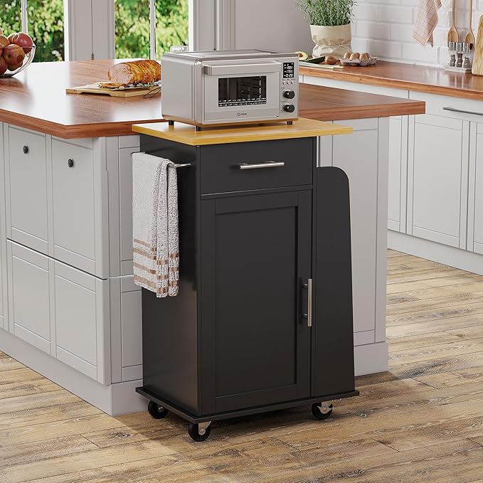 Shintenchi Small Kitchen Island on Wheels with 3-Tier Side Spice Rack and Rubber Wood Top, Trolley Cart with Storage Cabinet & Drawer and Handle/Towel Rack, Black - LeafyLoom