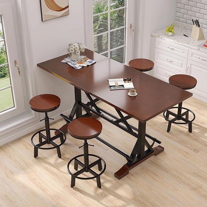NicBex Dining Table Set for 4 Kitchen Table Set 59" Wooden Sofa Side Table with Adjustable Height Stools, Modern Bar Table and Chairs for Living Room, Dining Room, Espresso - LeafyLoom