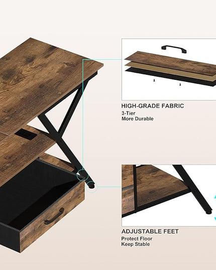 Modern 55" TV Stand with Power Outlet for TV up to 65 Inch, LED and 2 Storage Fabric Drawers, Entertainment Center with Charging Station for Living Room Bedroom (Rustic Brown) - LeafyLoom