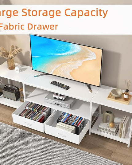 TV Stand with Fabric Drawer for 65 70 75 Inches TV - Entertainment Center and Industrial TV Console Table with Open Storage Shelves for Living Room, Bedroom - 63" White - LeafyLoom