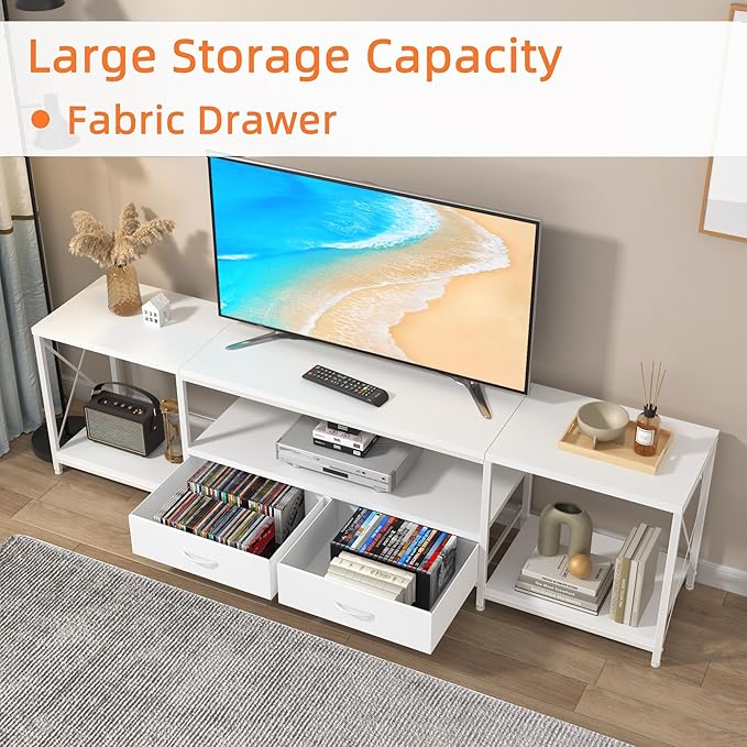 TV Stand with Fabric Drawer for 65 70 75 Inches TV - Entertainment Center and Industrial TV Console Table with Open Storage Shelves for Living Room, Bedroom - 63" White - LeafyLoom