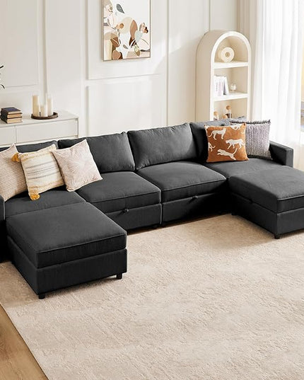 Sweetcrispy Convertible Sectional Sofa Couch, 6 Seat 6 Back Sofa Set with Storage for Living Room, U-Shaped Modern Modular Sofa Sleeper with Ottoman, Comfy Sofa Couch with Extra Deep Seats, Grey - LeafyLoom