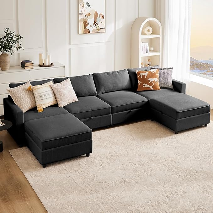 Sweetcrispy Convertible Sectional Sofa Couch, 6 Seat 6 Back Sofa Set with Storage for Living Room, U-Shaped Modern Modular Sofa Sleeper with Ottoman, Comfy Sofa Couch with Extra Deep Seats, Grey - LeafyLoom
