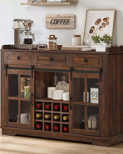 DWVO Farmhouse Coffee Bar Cabinet with Sliding Door and Drawers, 53" Kitchen Sideboard Buffet Cabinet, Home Bar Cabinet with Wine Rack for Kitchen Living Room, 3 Drawers Storage Cabinet, Brown Oak - LeafyLoom
