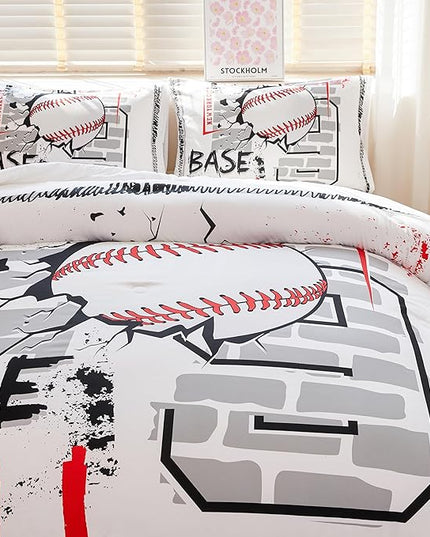 Baseball Bedding Full,Sports Comforter Set for Boys,Teen Boy Bedding Sets, Boys Baseball Comforter Set with 2 Pillowcases - LeafyLoom