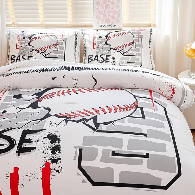 Baseball Bedding Full,Sports Comforter Set for Boys,Teen Boy Bedding Sets, Boys Baseball Comforter Set with 2 Pillowcases - LeafyLoom