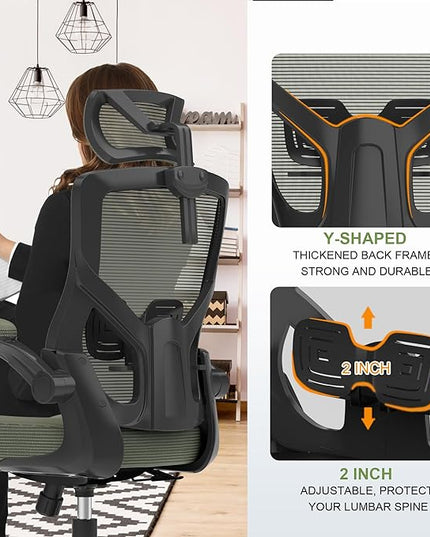 𝑯𝑶𝑴𝑬 𝑶𝑭𝑭𝑰𝑪𝑬 𝑪𝑯𝑨𝑰𝑹, Ergonomic Mesh Desk Chair, High Back Computer Chair- Adjustable Headrest with Flip-Up Arms, Lumbar Support, Swivel Executive Task Chair (Hunter Green, Modern) - LeafyLoom