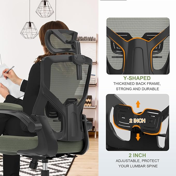 𝑯𝑶𝑴𝑬 𝑶𝑭𝑭𝑰𝑪𝑬 𝑪𝑯𝑨𝑰𝑹, Ergonomic Mesh Desk Chair, High Back Computer Chair- Adjustable Headrest with Flip-Up Arms, Lumbar Support, Swivel Executive Task Chair (Hunter Green, Modern) - LeafyLoom