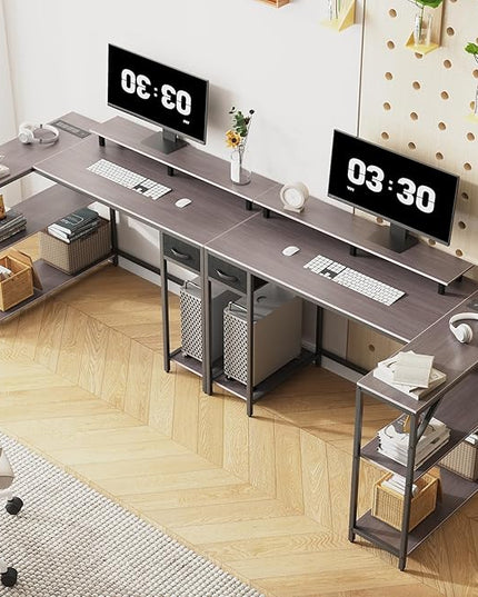 47 Inch L Shaped Gaming Desk with Drawers & Shelves, Reversible Computer Corner Desk with Power Outlet and LED Light for Home Office Bedroom, L-Shaped Teen PC Gaming Desks with Hook & Monitor Stand - LeafyLoom
