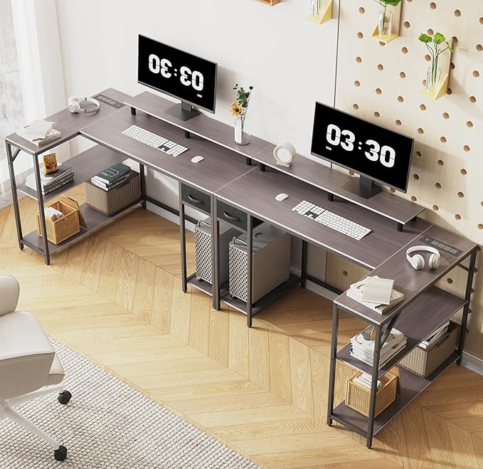 47 Inch L Shaped Gaming Desk with Drawers & Shelves, Reversible Computer Corner Desk with Power Outlet and LED Light for Home Office Bedroom, L-Shaped Teen PC Gaming Desks with Hook & Monitor Stand - LeafyLoom