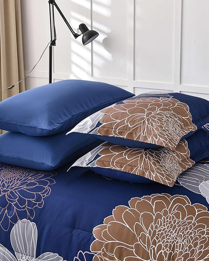 Yiran 7 Pieces Floral Comforter Bedding Sets Bed in a Bag Navy Brown Soft Microfiber Comforter Set with Comforter, Sheets, Pillowcases & Shams King Size 103"×90" - LeafyLoom