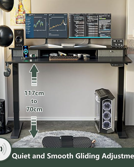 FEZIBO 40 x 24 Inch Height Adjustable Electric Standing Desk with Double Drawer, Stand Up Desk with Storage Shelf, Sit Stand Desk, Black - LeafyLoom
