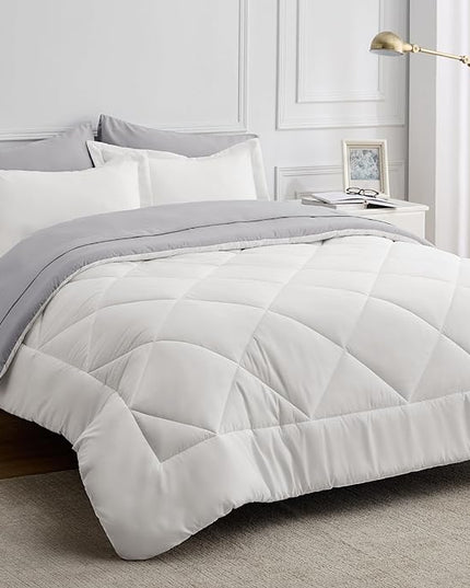 Bedsure Ivory Queen Comforter Set - 7 Pieces Reversible Queen Bed in a Bag, Queen Bed Set Ivory and Grey with Comforters, Sheets, Pillowcases & Shams - LeafyLoom