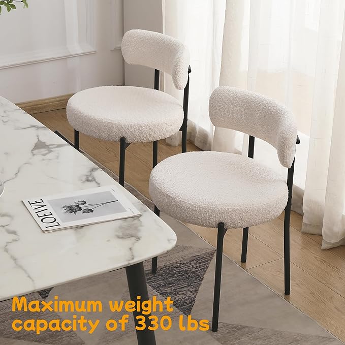 EDWELL White Dining Chairs Set of 6, Modern Dining Room Chairs with 3.94“ Cushions Mid-Century, Round Upholstered Boucle Chairs for Kitchen, Living Room, Kitchen Chairs with Black Metal Legs - LeafyLoom