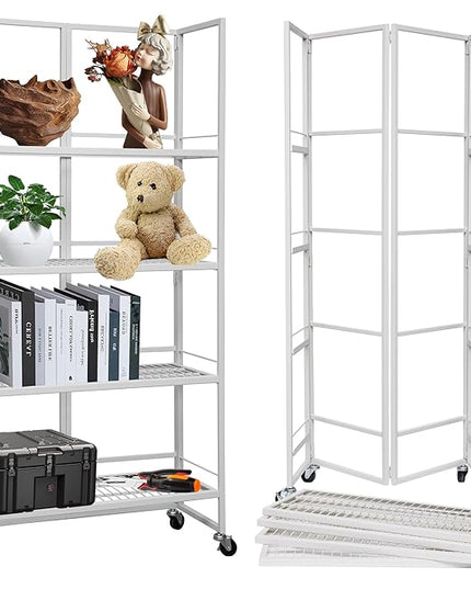 No-Assembly Folding Bookshelf Storage Rack Shelves with Castors 4 Tiers Vintage Bookcase Standing Racks Multifunctional Plant Flower Stand Study Organizer for Home Office (Wire,White) - LeafyLoom
