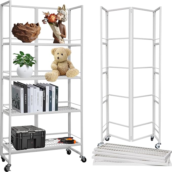 No-Assembly Folding Bookshelf Storage Rack Shelves with Castors 4 Tiers Vintage Bookcase Standing Racks Multifunctional Plant Flower Stand Study Organizer for Home Office (Wire,White) - LeafyLoom