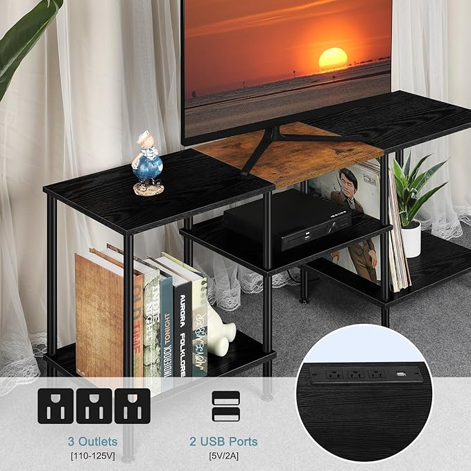 TV Stands for Living Room 50 inch TV Stand with Power Outlet Entertainment Center with Storage 3 Tier TV Console Table for 50 43 40 32 inch TV, Black - LeafyLoom