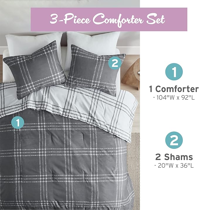 Intelligent Design Pike Reversible Comforter Set, Cottage Plaid Print, Modern Cabin Lifestyle, Down Alternative, All Season Bedding with Matching Sham, King/Cal King White/Grey 3 Piece - LeafyLoom
