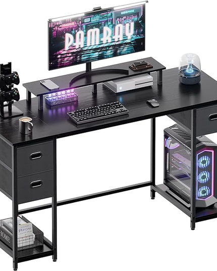 Pamray 55 Inch Computer Desk with Non-woven Storage Drawers and Monitor Stand Home Office Desk for Bedroom Study Table Writing and Work Desk Black - LeafyLoom