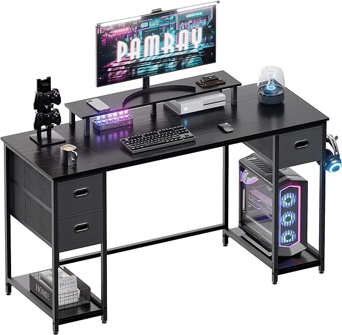 Pamray 55 Inch Computer Desk with Non-woven Storage Drawers and Monitor Stand Home Office Desk for Bedroom Study Table Writing and Work Desk Black - LeafyLoom