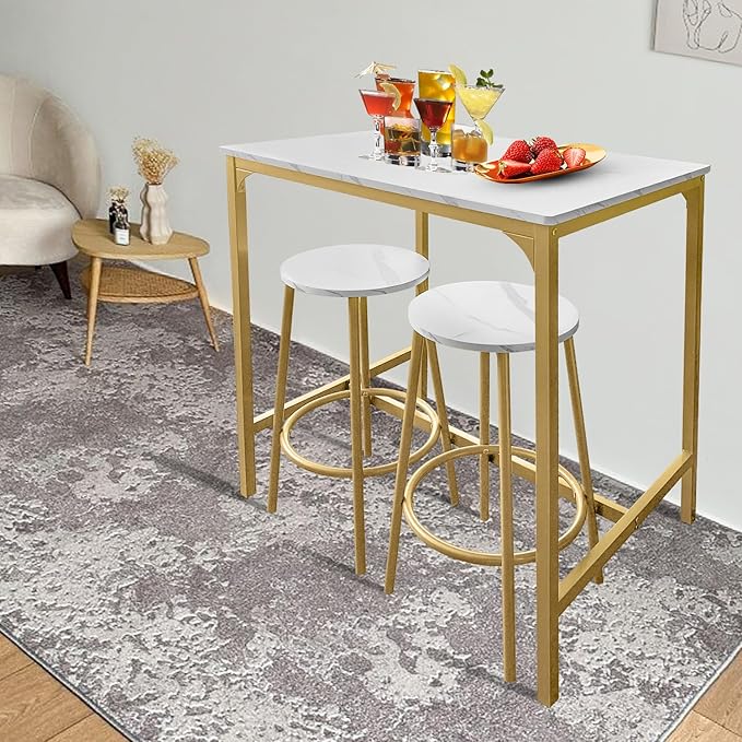 AT-VALY 3-Piece Bar Table Set with 2 Stools,Dining Room Table Set,Small Spaces (Gold) - LeafyLoom