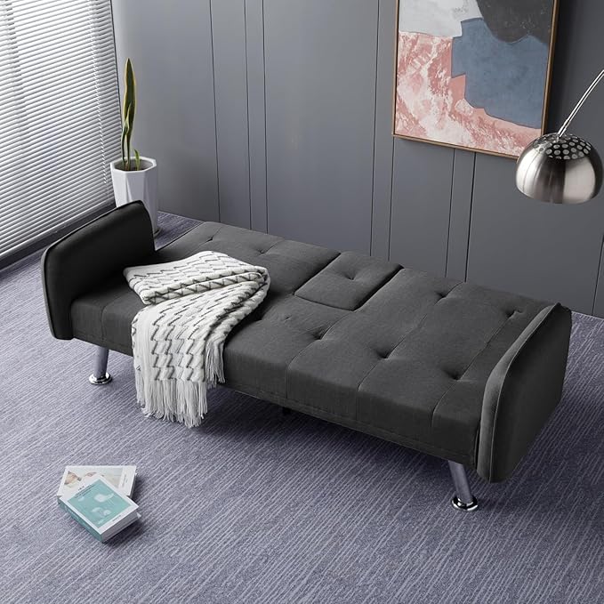 74.8" Living Room Furniture Sets Modern Tufted Loveseat Sofa Convertible Folding Futon Sleeper Couchbed with Cup Holder/Removable Armrests/Adjusting Backrest for Apartment,Office,Dark Grey Sofá - LeafyLoom