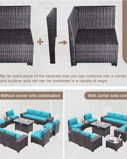 Patio Furniture Sectional Sofa Set 13-Pieces PE Rattan Patio Conversation Set w/43in Gas Fire Pit Table, Outdoor Furniture with 55000 BTU Propane Fire Pit, Blue - LeafyLoom