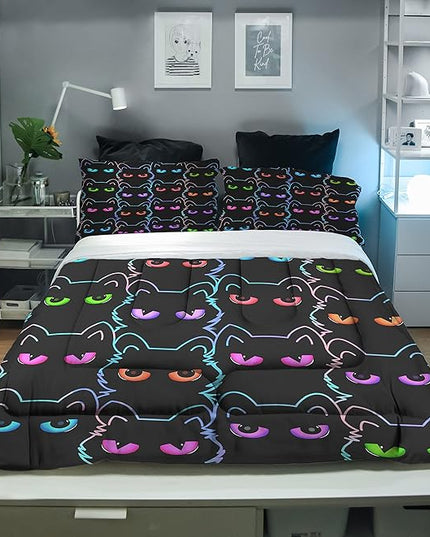 Sunnycitron Cartoon Cat Bedding Full size Black Cat Comforter Gradient Line Bedding set 3D Neon Cat Comforter Cute Cat Bed Set Black Cat Quilt set for Teens Kids Boys Girls Adults - LeafyLoom
