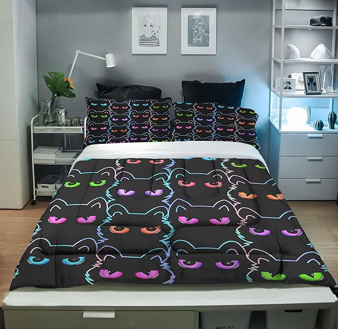 Sunnycitron Cartoon Cat Bedding Full size Black Cat Comforter Gradient Line Bedding set 3D Neon Cat Comforter Cute Cat Bed Set Black Cat Quilt set for Teens Kids Boys Girls Adults - LeafyLoom
