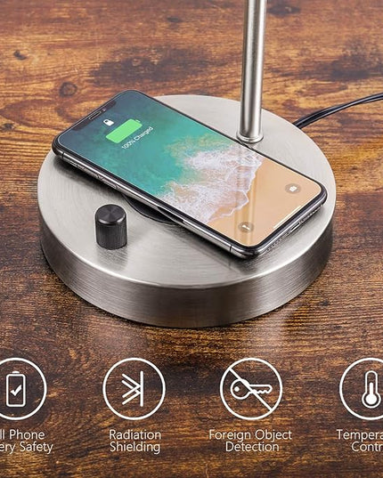 USB Desk Lamp – Table Lamp with Wireless Charging Pad and USB Port, Edison Bedside Nightstand Lamp with Metal Base for Guestroom Bedroom Living Room Office, Satin Nickel - LeafyLoom
