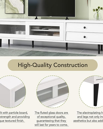 Merax Chic Elegant Design TV Stand with Sliding Fluted Glass Doors and Ample Space, Slanted Drawers Media Console for Televisions Up to 75", Modern Storage Cabinet, 70.86 inch Length, White - LeafyLoom