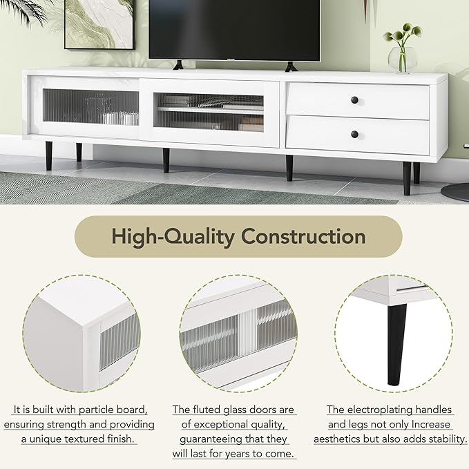 Merax Chic Elegant Design TV Stand with Sliding Fluted Glass Doors and Ample Space, Slanted Drawers Media Console for Televisions Up to 75", Modern Storage Cabinet, 70.86 inch Length, White - LeafyLoom