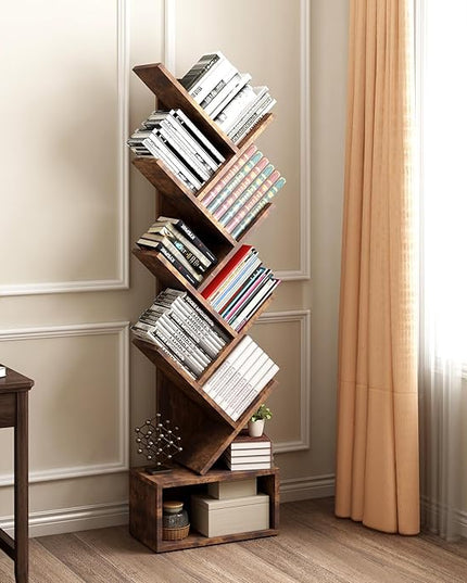 Tree Bookshelf with Storage, 8 Tier Wooden Tall Book Shelf, Floor Standing Bookcase for Kids and Adults, Utility Organizer Shelves for Living Room, Bedroom, Home Office, Brown - LeafyLoom