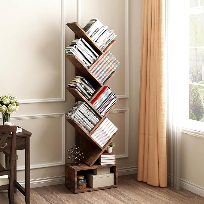 Tree Bookshelf with Storage, 8 Tier Wooden Tall Book Shelf, Floor Standing Bookcase for Kids and Adults, Utility Organizer Shelves for Living Room, Bedroom, Home Office, Brown - LeafyLoom