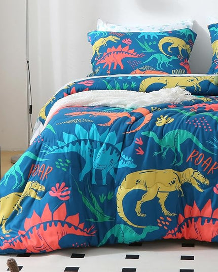 Wajade Boys Dinosaur Comforter Set Bed in A Bag Queen Size 7 Piece 3D Blue Dinosaur Print Bedding Set for Kids Teens(1 Comforter, 1 Flat Sheet, 1 Fitted Sheet, 2 Pillowcase and 2 Pillow Sham) - LeafyLoom