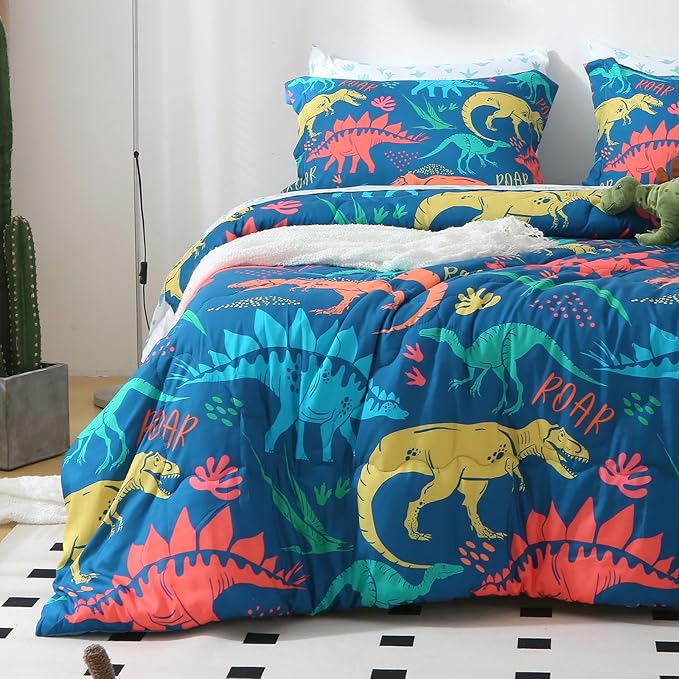 Wajade Boys Dinosaur Comforter Set Bed in A Bag Queen Size 7 Piece 3D Blue Dinosaur Print Bedding Set for Kids Teens(1 Comforter, 1 Flat Sheet, 1 Fitted Sheet, 2 Pillowcase and 2 Pillow Sham) - LeafyLoom