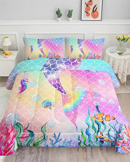 Bedding Comforter Set Rainbow Pink Mermaid Tail Printed Pattern Quilt with 1 and 2 Pillowcases for Girls Bedroom All Season(Rainbow Twin) Twin 68x86inches - LeafyLoom