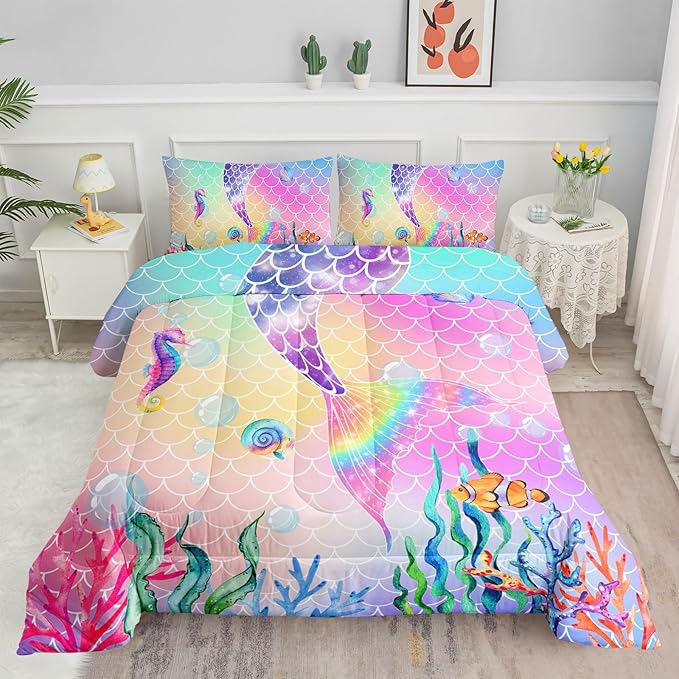 Bedding Comforter Set Rainbow Pink Mermaid Tail Printed Pattern Quilt with 1 and 2 Pillowcases for Girls Bedroom All Season(Rainbow Twin) Twin 68x86inches - LeafyLoom