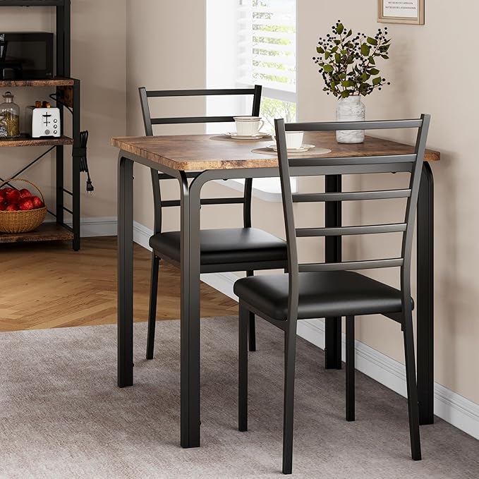 IDEALHOUSE Dining Table for 2, Small Table and Chairs Set of 2, Dinette Set for 2, Square Dinner Table Set, 3 Piece Kitchen & Dining Room Sets for Small Space, Apartment, Home Office, Rustic Brown - LeafyLoom