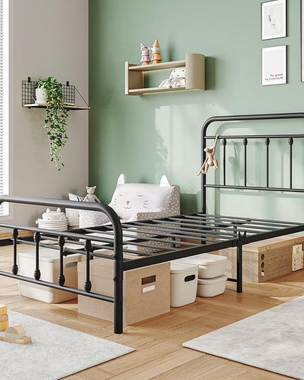 Vintage Twin Size Bed Frame with Headboard and Footboard Mattress Heavy Duty Metal Platform, Steel Slat Support (Twin, Black Sanded) - LeafyLoom